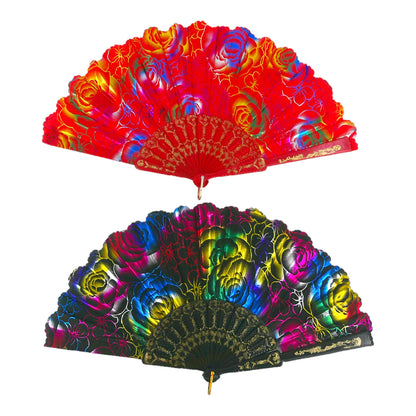 RAINBOW ROSE FOLDING HAND FAN 0384 (12PC)