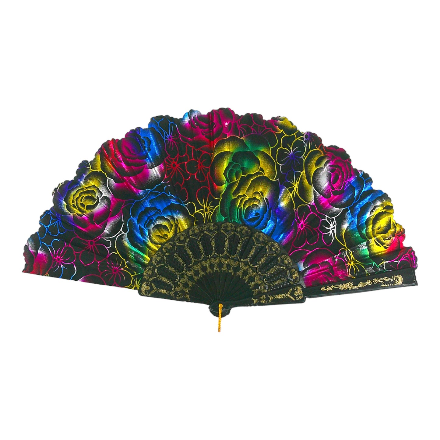 RAINBOW ROSE FOLDING HAND FAN 0384 (12PC)