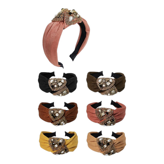 MULTI STONE DECOR KNOT SUEDE HEADBAND HB2417-39 (12PC)