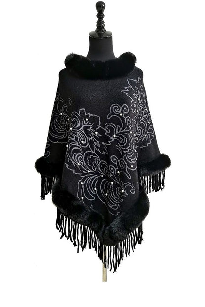 LEAF PATTERN PEARL DECO FUR FRINGED PONCHO PO513-27 (6PC)