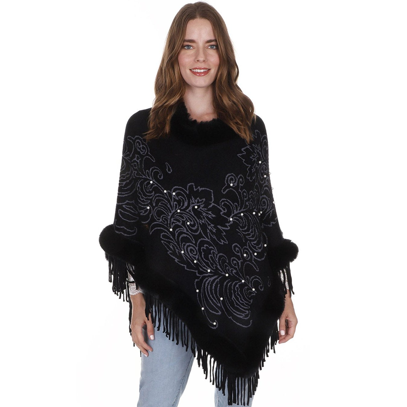 LEAF PATTERN PEARL DECO FUR FRINGED PONCHO PO513-27 (6PC)