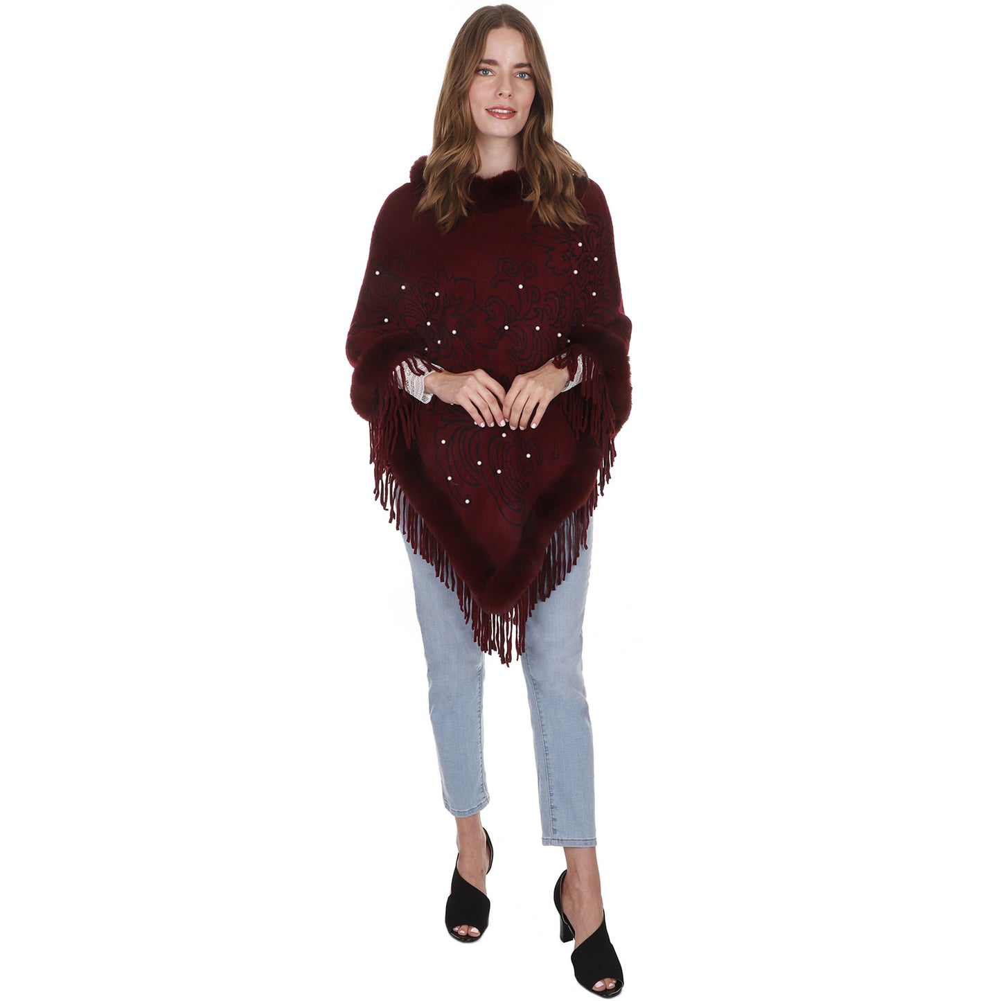 LEAF PATTERN PEARL DECO FUR FRINGED PONCHO PO513-27 (6PC)