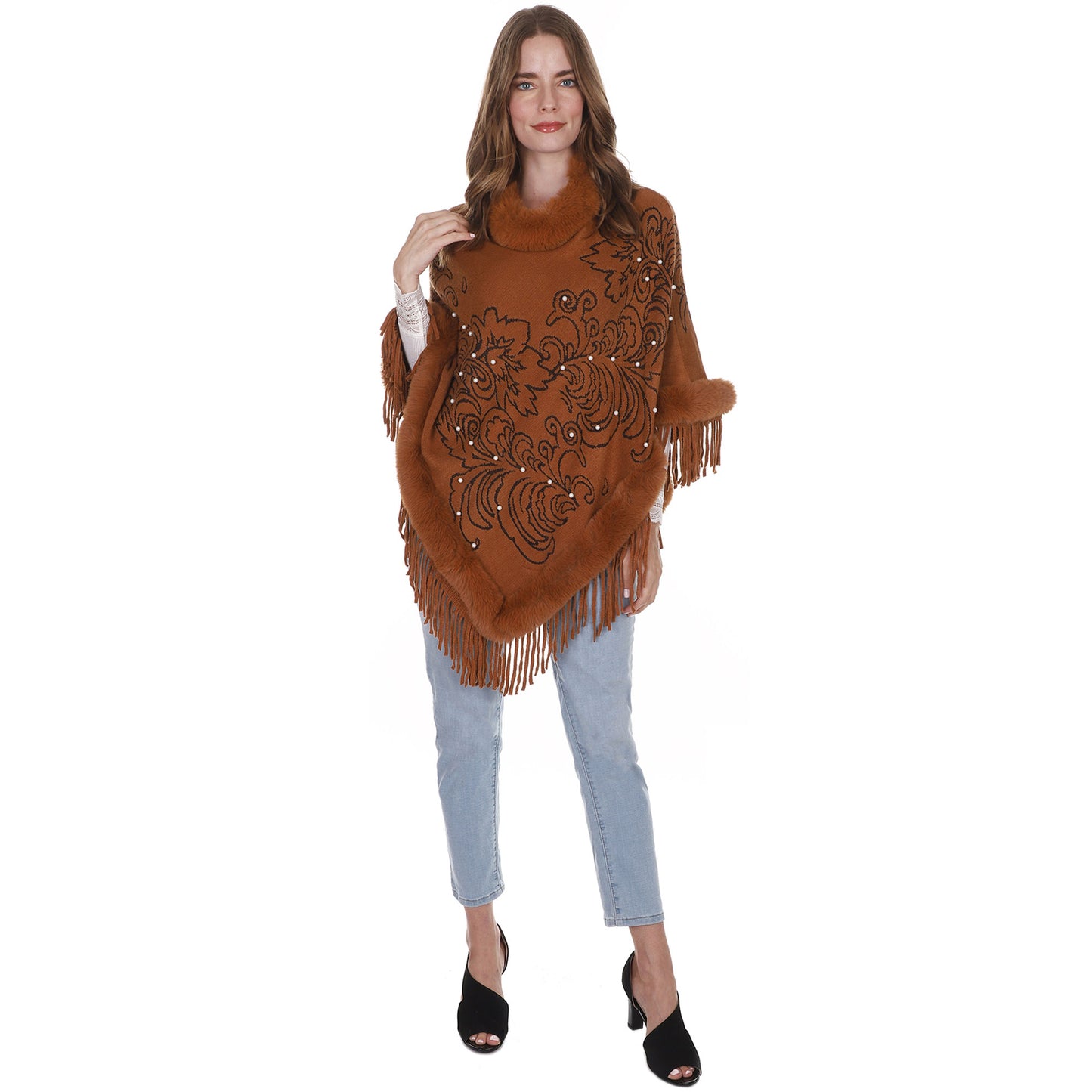 LEAF PATTERN PEARL DECO FUR FRINGED PONCHO PO513-27 (6PC)