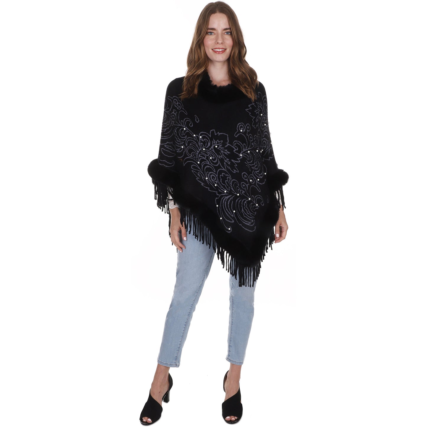 LEAF PATTERN PEARL DECO FUR FRINGED PONCHO PO513-27 (6PC)