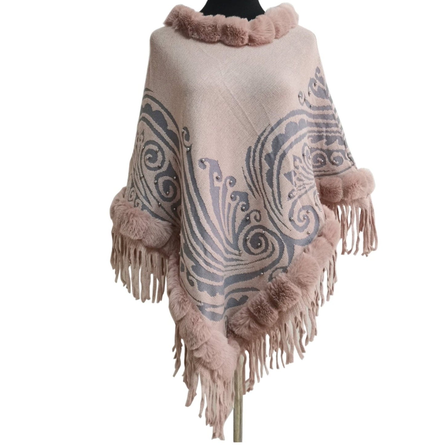 PAISLEY PATTERN FUR FRINGED PONCHO PO513-26 (6PC)