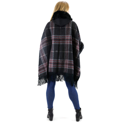 FAUX FUR PLAID PATTERN HOODIE SHAWL P3805