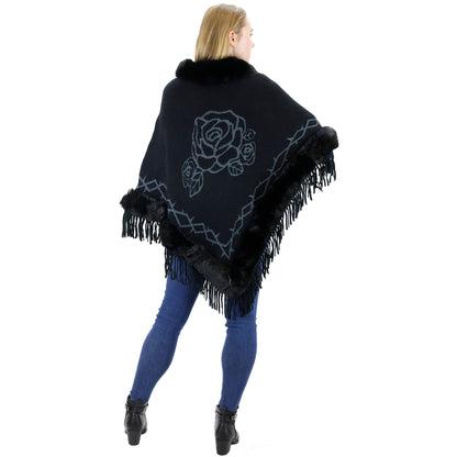 ROSE PATTERN FUR FRINGED PONCHO P196 (12PC)