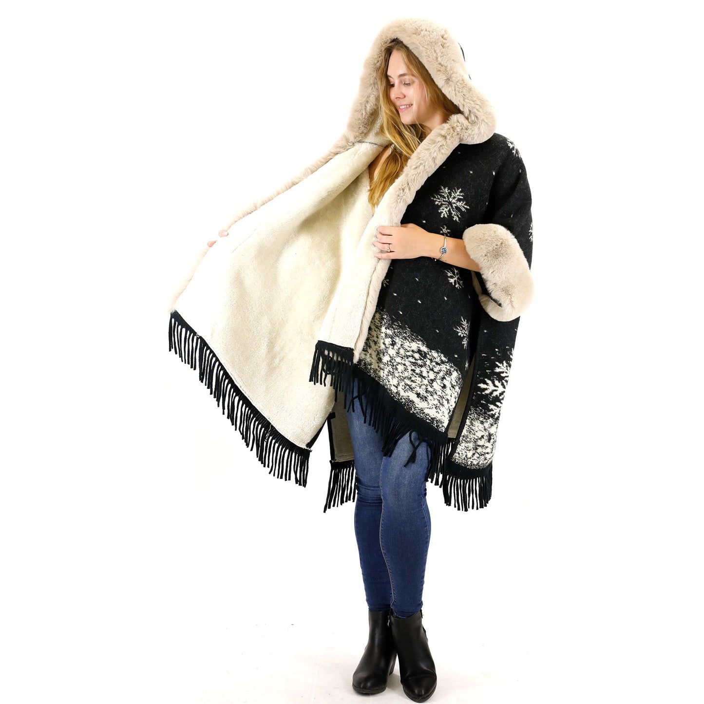 FAUX FUR SNOW PATTERN HOODIE SHAWL P3804(3PC)