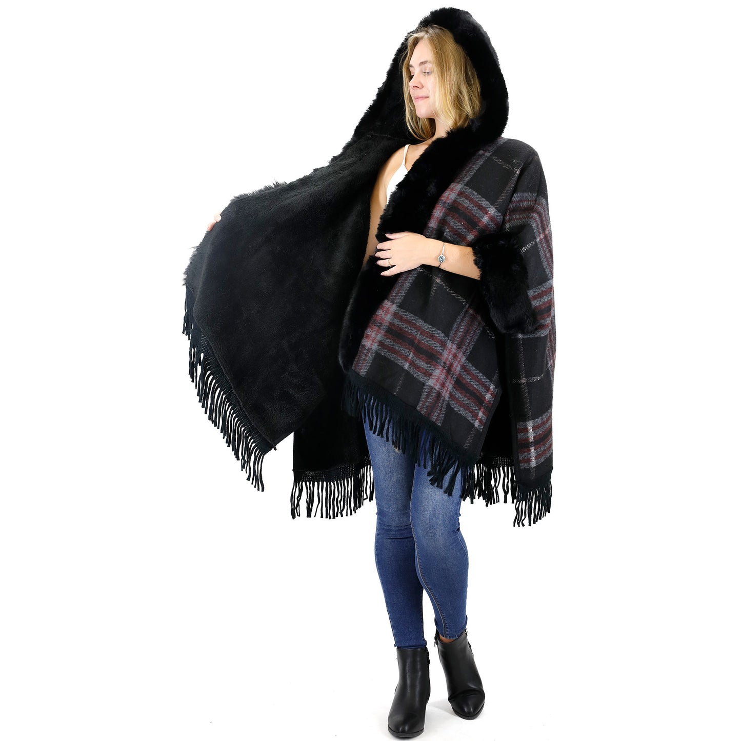 FAUX FUR PLAID PATTERN HOODIE SHAWL P3805