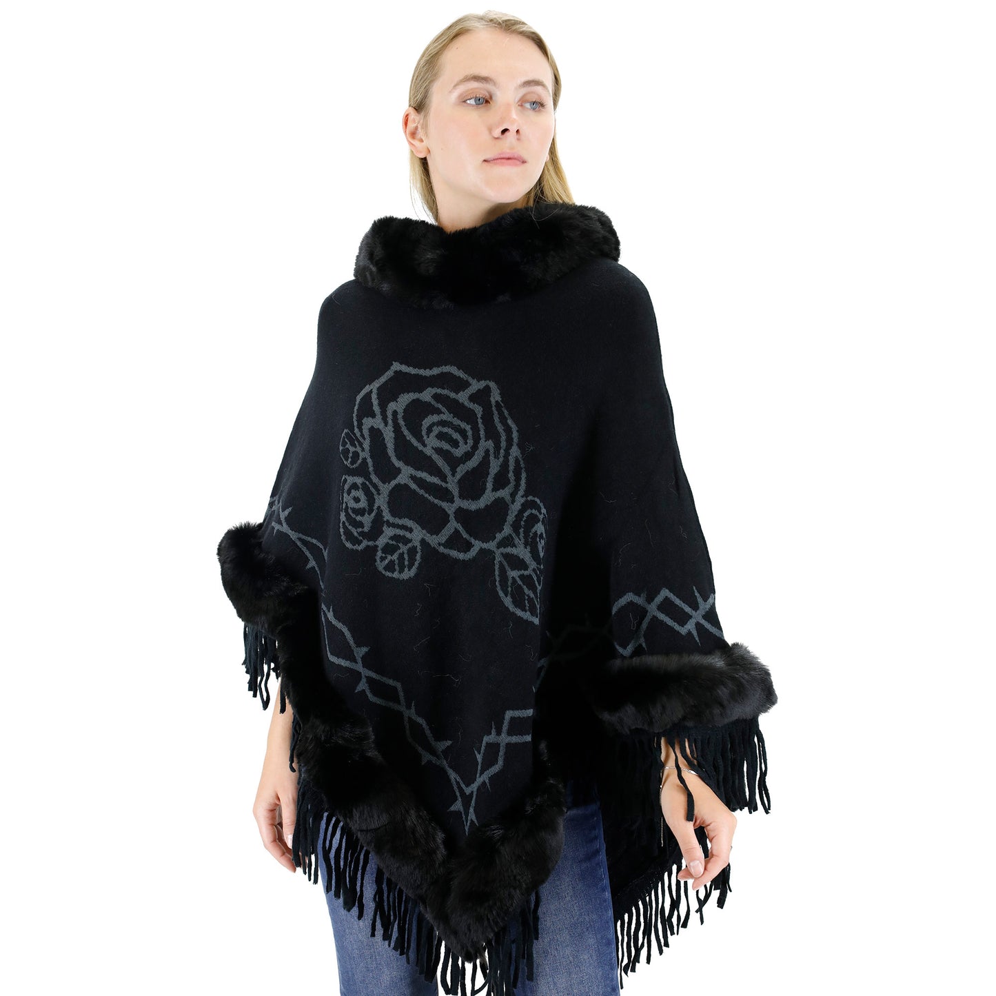 ROSE PATTERN FUR FRINGED PONCHO P196 (12PC)