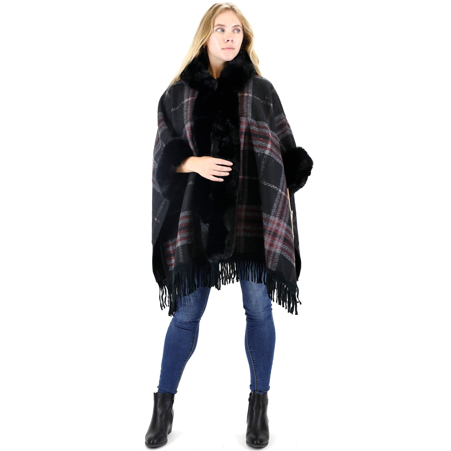 FAUX FUR PLAID PATTERN HOODIE SHAWL P3805