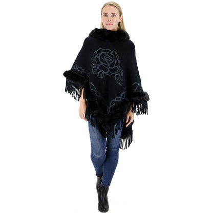 ROSE PATTERN FUR FRINGED PONCHO P196 (12PC)