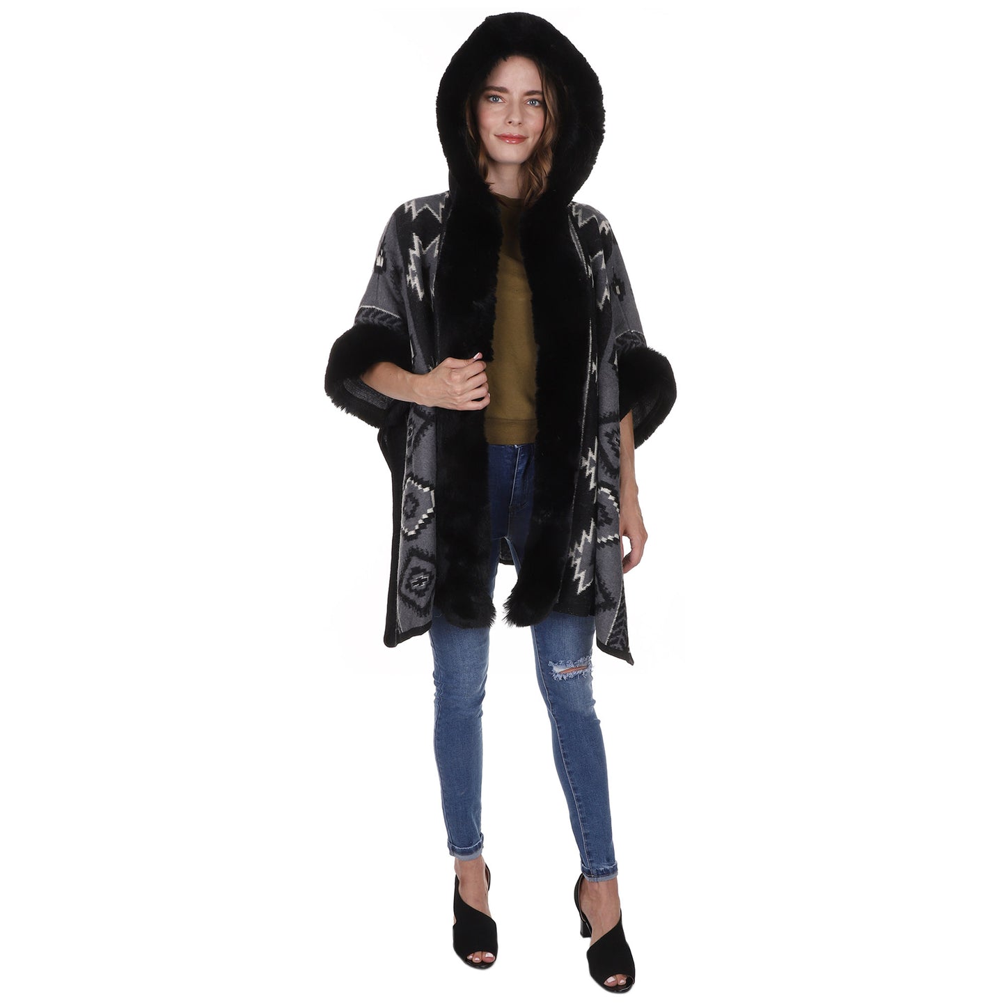 FAUX FUR PATTERN HOODIE SHAWL P3803(3PC)