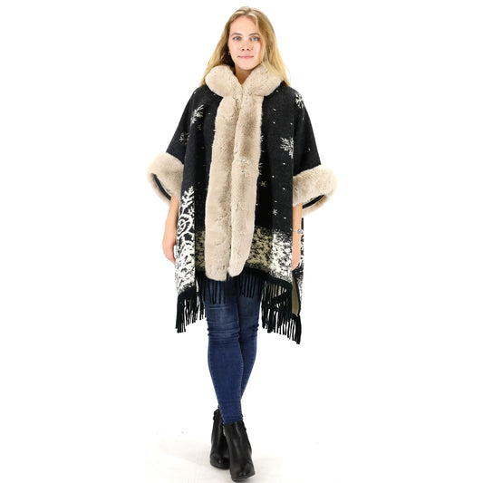 FAUX FUR SNOW PATTERN HOODIE SHAWL P3804(3PC)