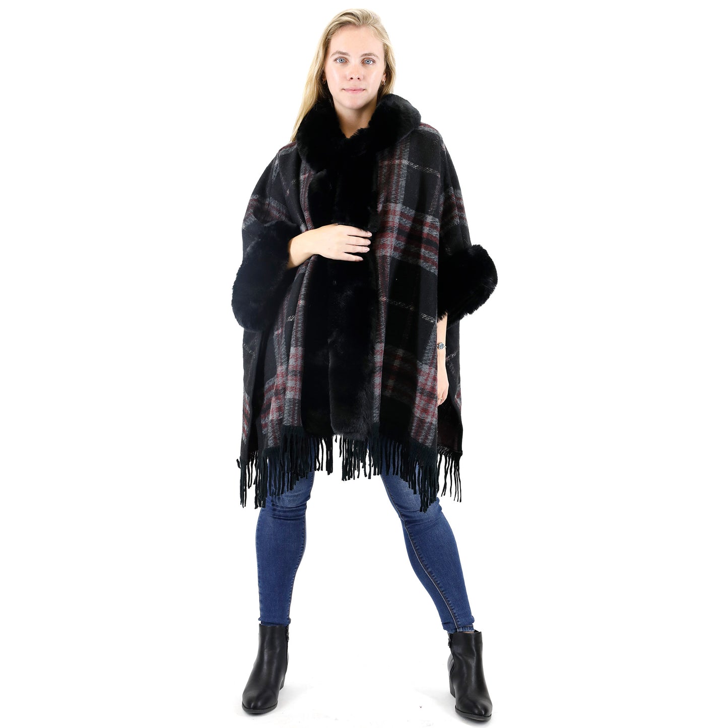 CHECK PATTERN FUR FRINGED SHAWL P177 (6PC)