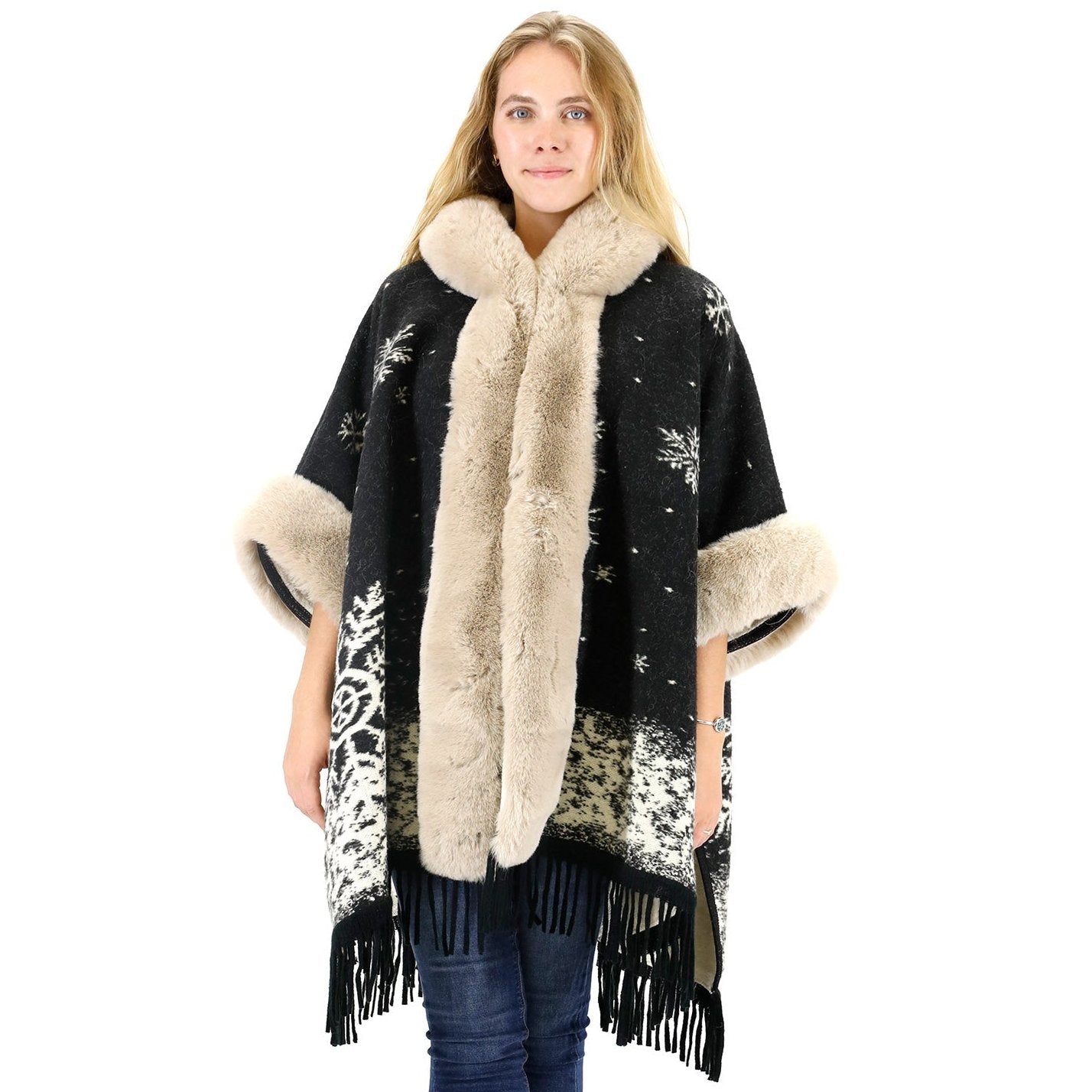 FAUX FUR SNOW PATTERN HOODIE SHAWL P3804 (3PC)