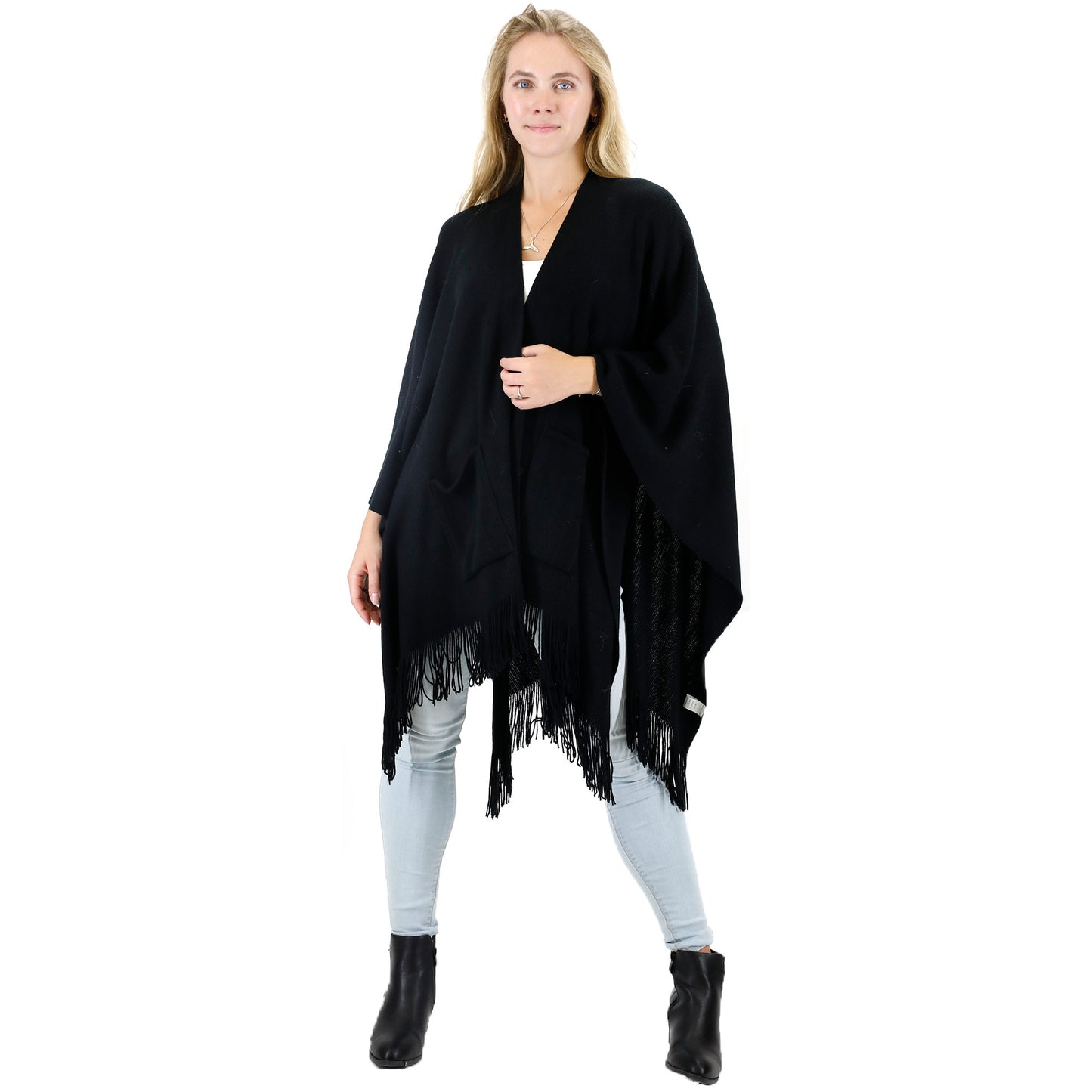 VINTAGE STYLED KNIT FRINGED POCKET SHAWL PO416-20 (4PC)