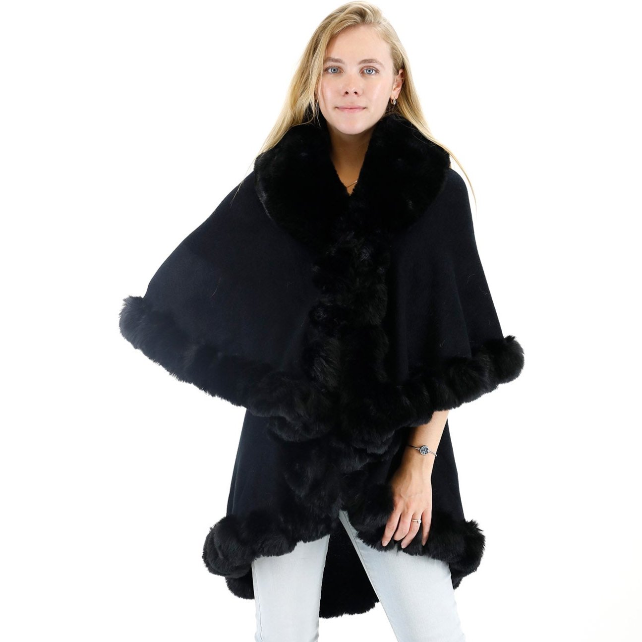 SOLID COLOR FUR DOUBLE LAYER PONCHO SH925 (3PC)