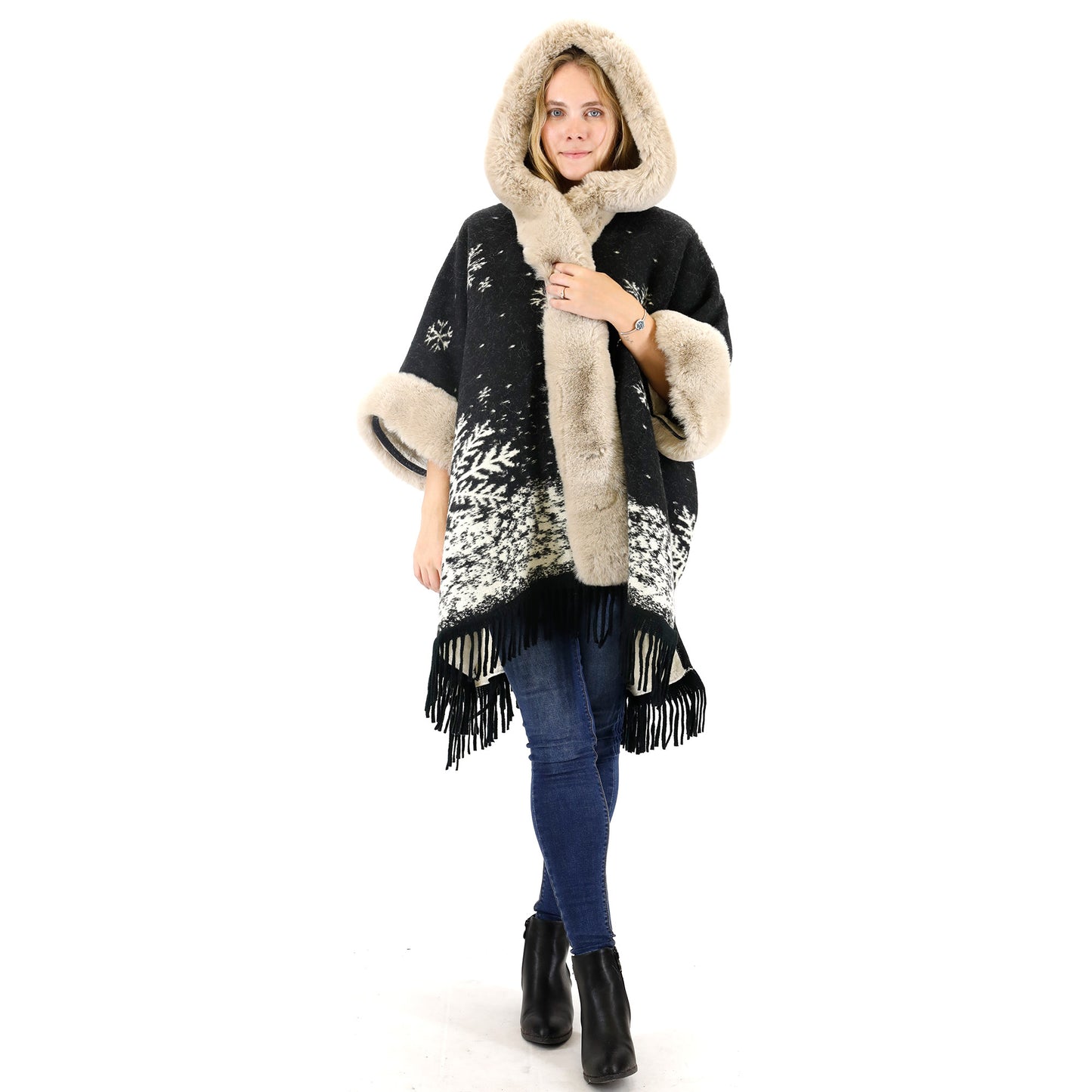 FAUX FUR SNOW PATTERN HOODIE SHAWL P3804(3PC)