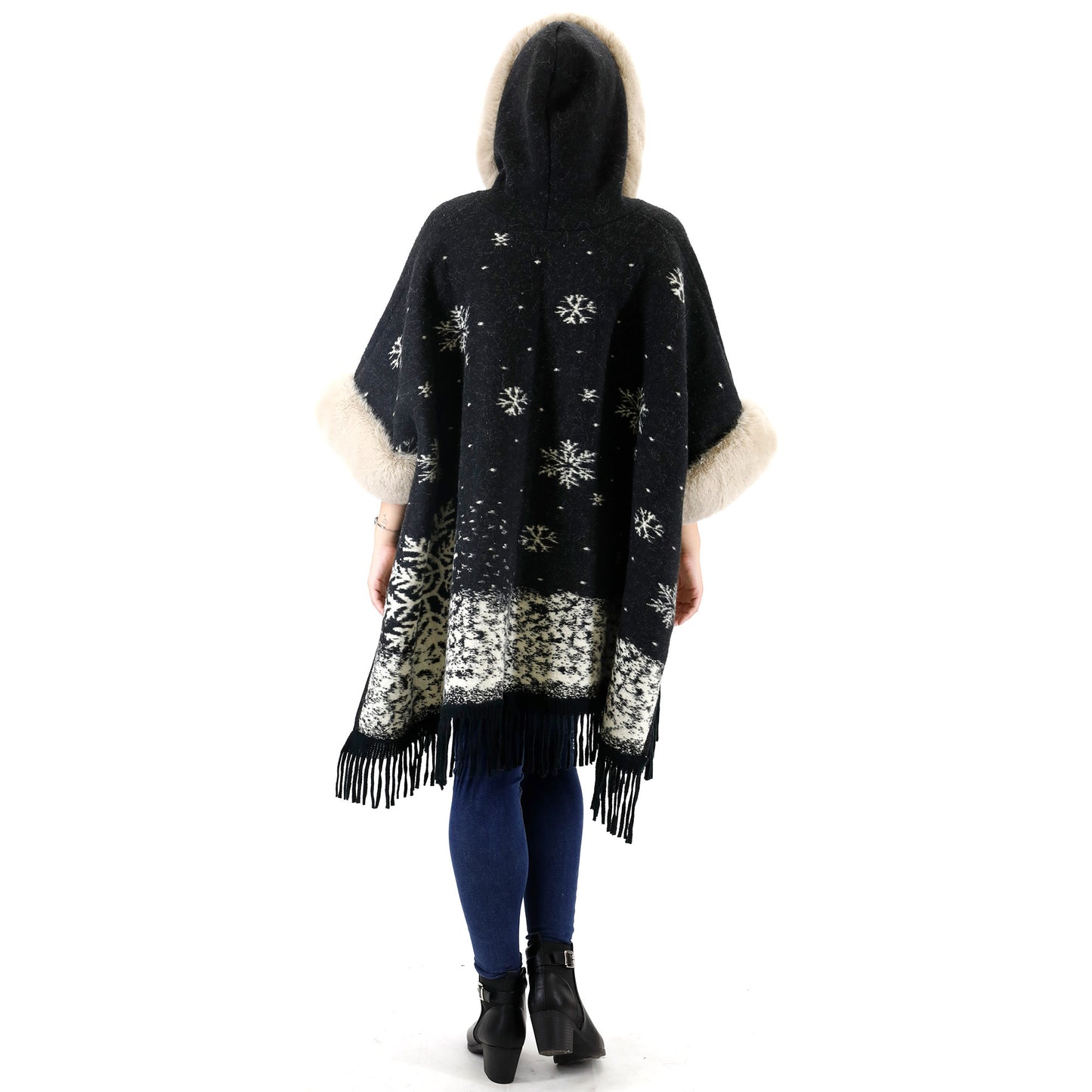 FAUX FUR SNOW PATTERN HOODIE SHAWL P3804(3PC)