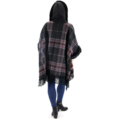 FAUX FUR PLAID PATTERN HOODIE SHAWL P3805