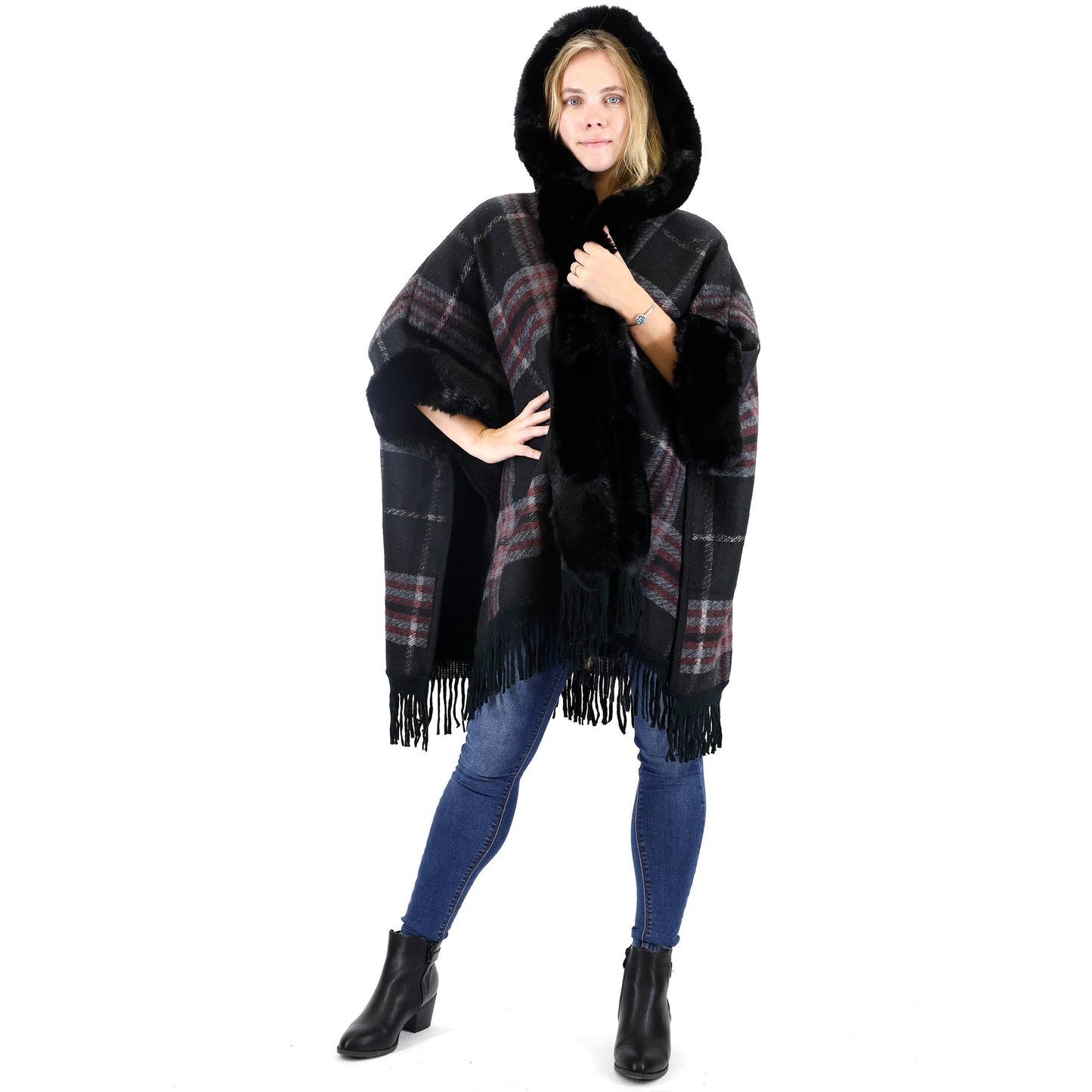 FAUX FUR PLAID PATTERN HOODIE SHAWL P3805