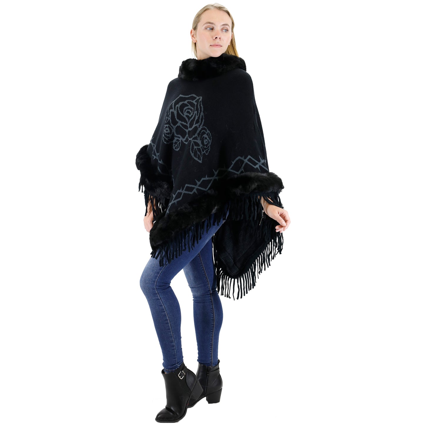 ROSE PATTERN FUR FRINGED PONCHO P196 (12PC)