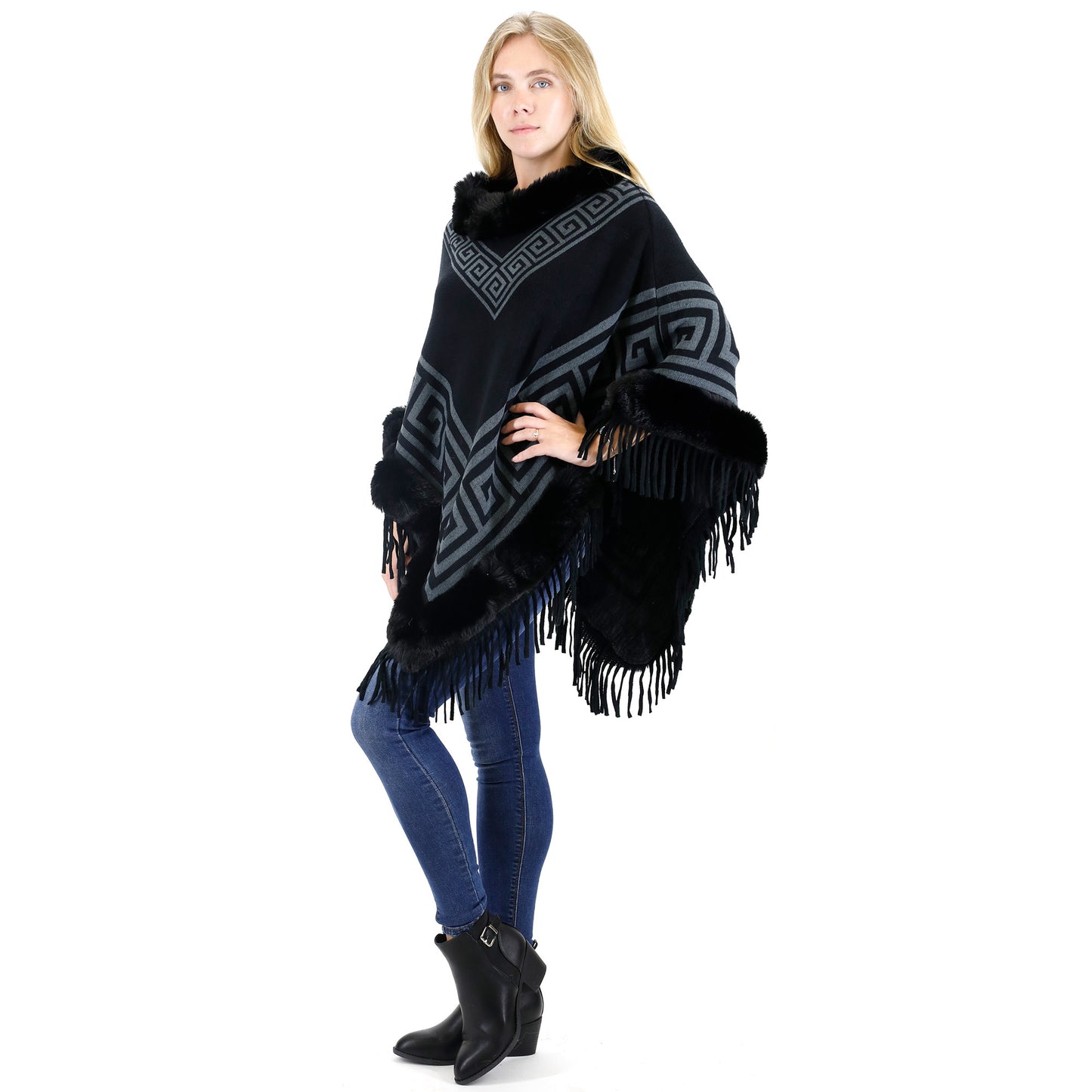 MONOGRAM PATTERN FUR FRINGED PONCHO P195(12PC)