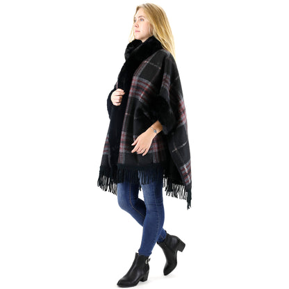 FAUX FUR PLAID PATTERN HOODIE SHAWL P3805