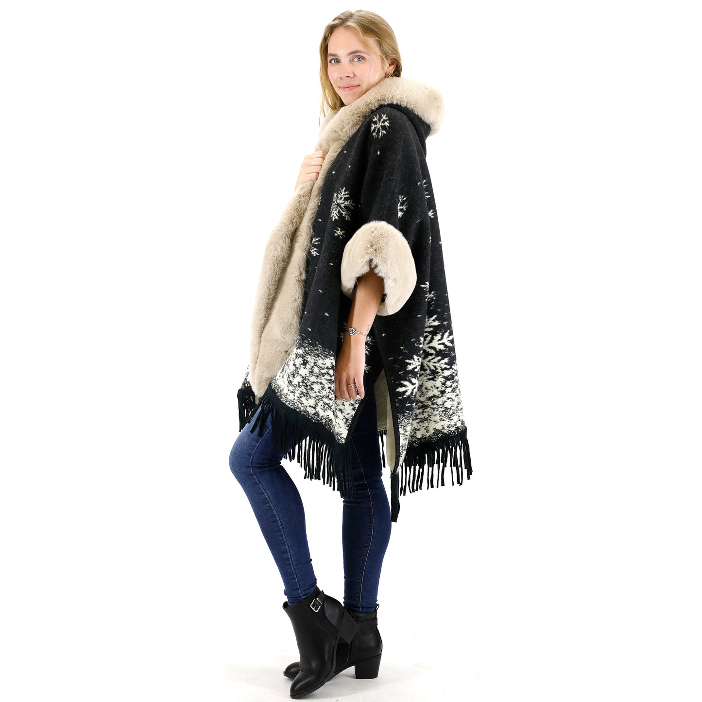 FAUX FUR SNOW PATTERN HOODIE SHAWL P3804(3PC)