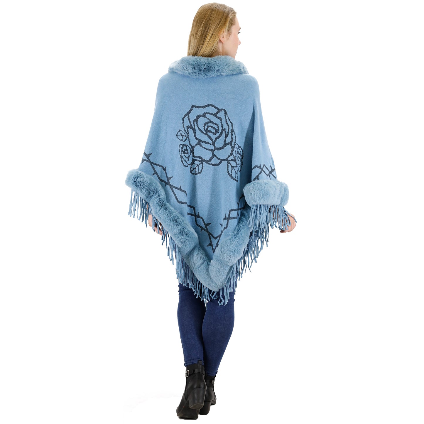 ROSE PATTERN FUR FRINGED PONCHO P196 (12PC)