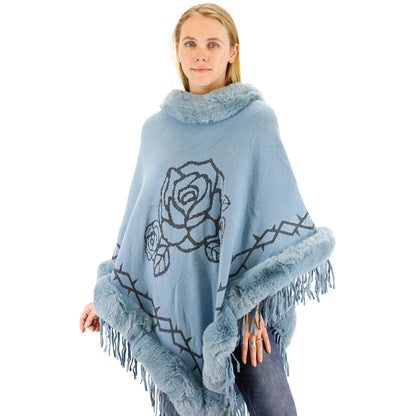 ROSE PATTERN FUR FRINGED PONCHO P196 (12PC)