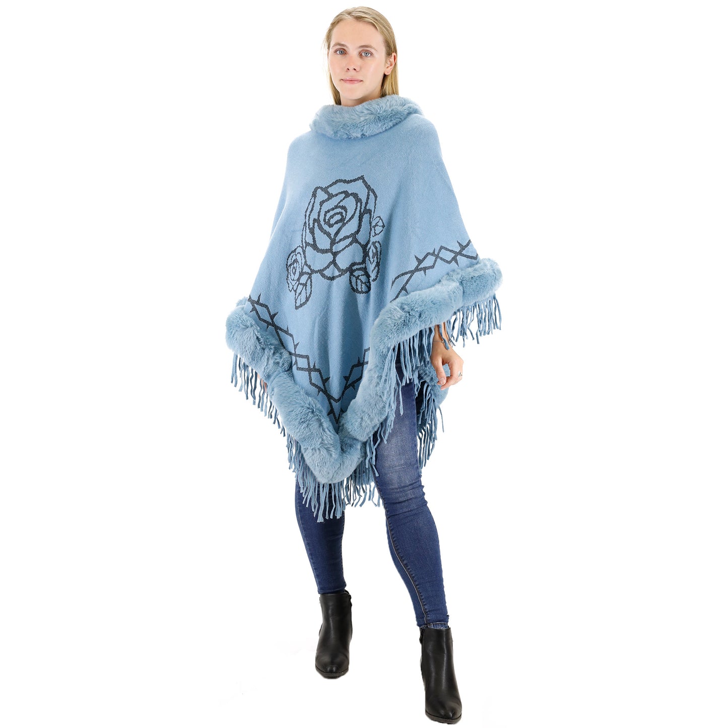 ROSE PATTERN FUR FRINGED PONCHO P196 (12PC)