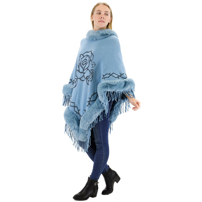 ROSE PATTERN FUR FRINGED PONCHO P196 (12PC)