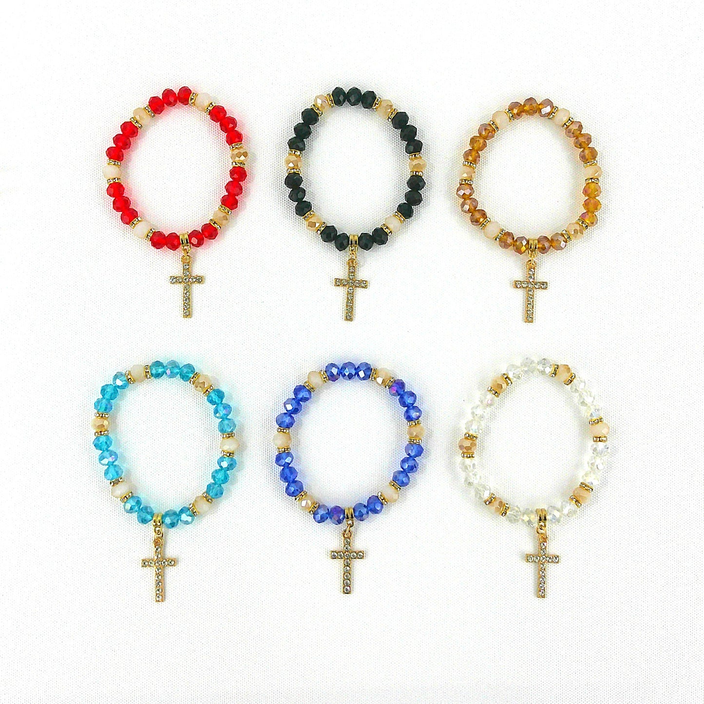 BEAD RHINESTONE CROSS CHARM BRACELET 3723-5 (12PC)