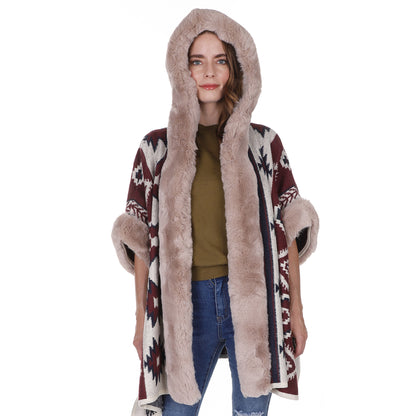 FAUX FUR PATTERN HOODIE SHAWL P3803(3PC)