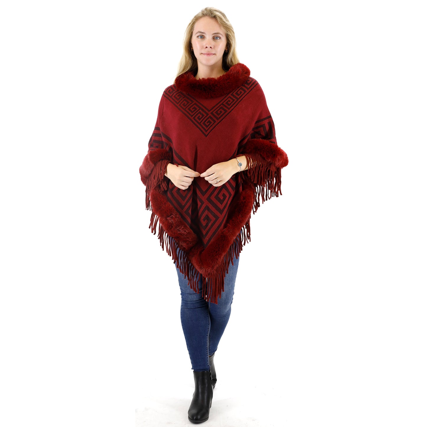 MONOGRAM PATTERN FUR FRINGED PONCHO P195(12PC)