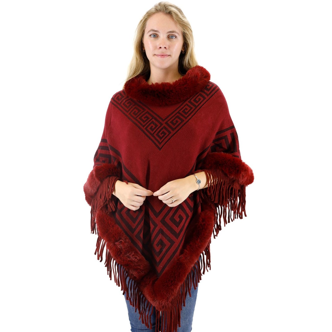 MONOGRAM PATTERN FUR FRINGED PONCHO P195(12PC)