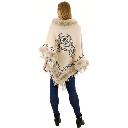 ROSE PATTERN FUR FRINGED PONCHO P196 (12PC)