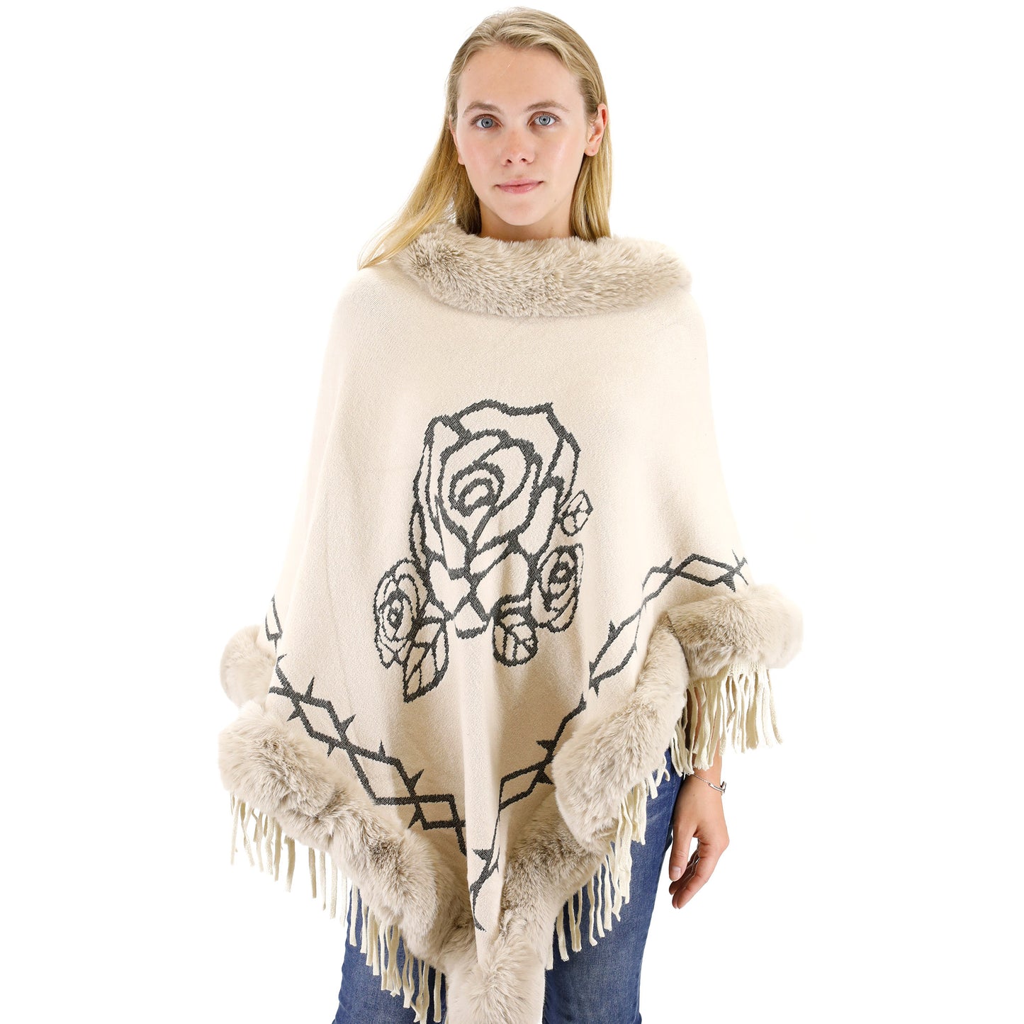 ROSE PATTERN FUR FRINGED PONCHO P196 (12PC)