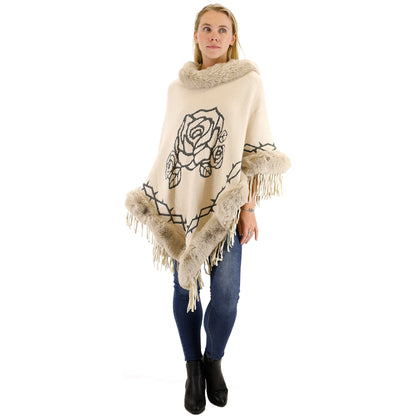 ROSE PATTERN FUR FRINGED PONCHO P196 (12PC)