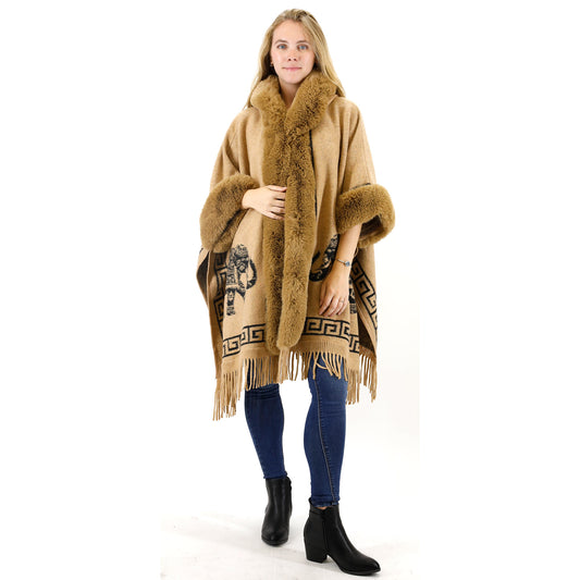 ELEPHANT PATTERN FAUX FUR FRINGED HOODIE SHAWL 3825