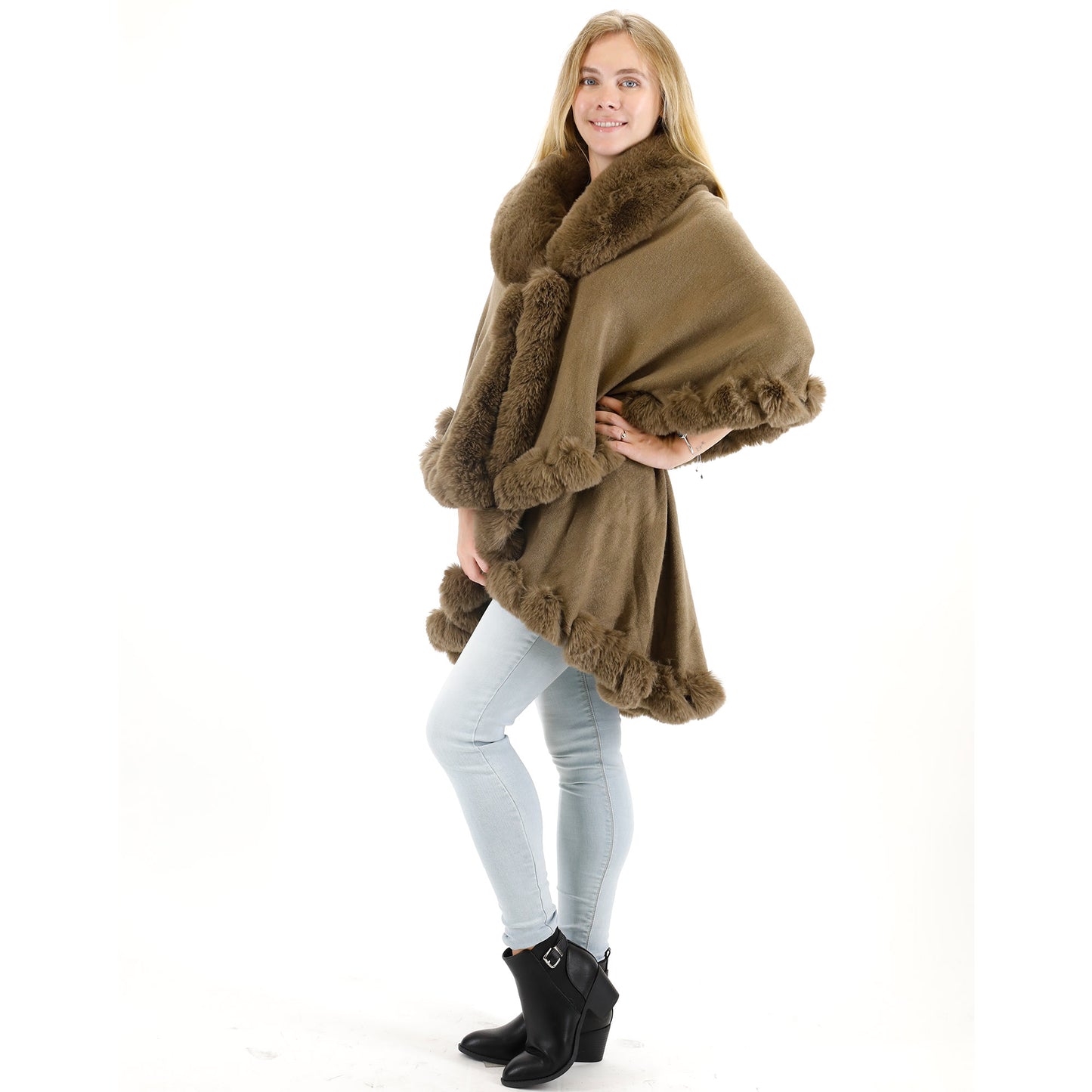 SOLID COLOR FUR DOUBLE LAYER PONCHO SH925 (3PC)