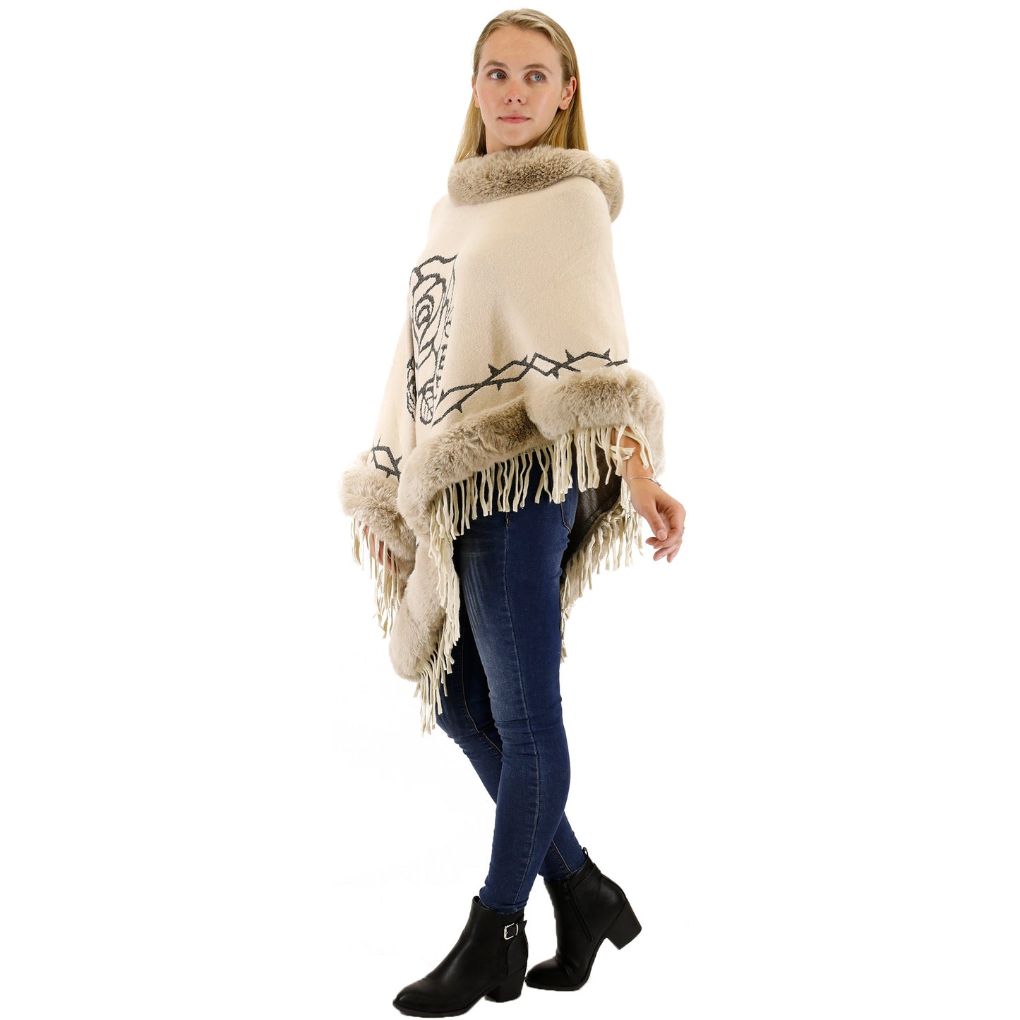 ROSE PATTERN FUR FRINGED PONCHO P196 (12PC)