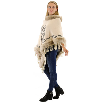 ROSE PATTERN FUR FRINGED PONCHO P196 (12PC)