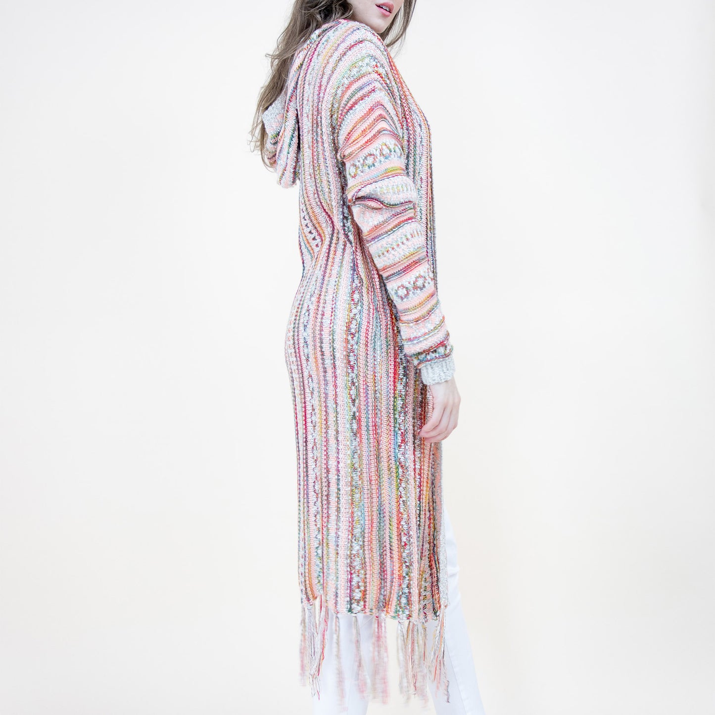 TRIBAL STRIPE PATTERN HOODIE FRINGED LONG CARDIGAN FP64088 (6PC)