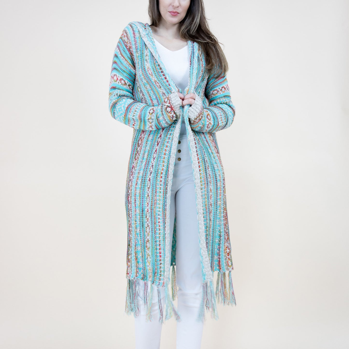 TRIBAL STRIPE PATTERN HOODIE FRINGED LONG CARDIGAN FP64088 (6PC)