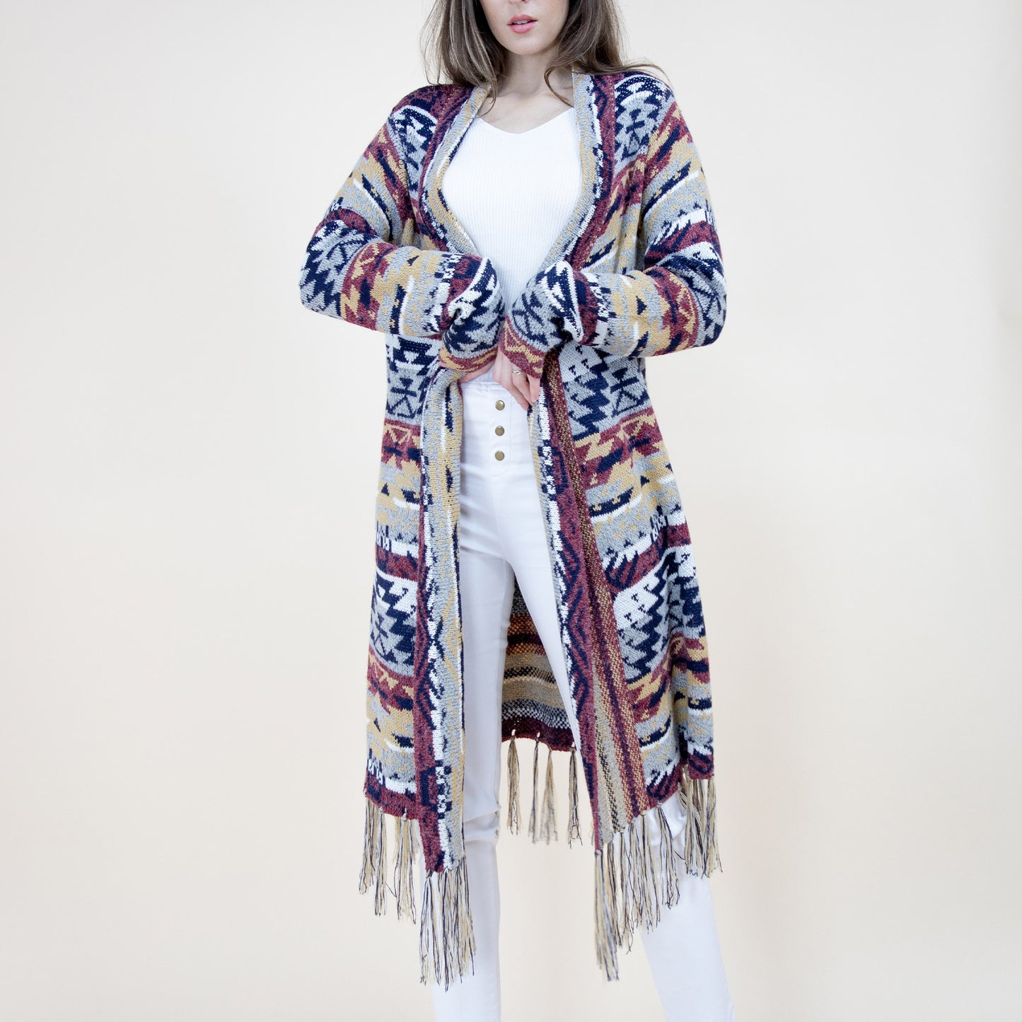 AZTEC BOHEMIAN STRIPE PATTERN FRINGED CARDIGAN FP64092 (6PC)