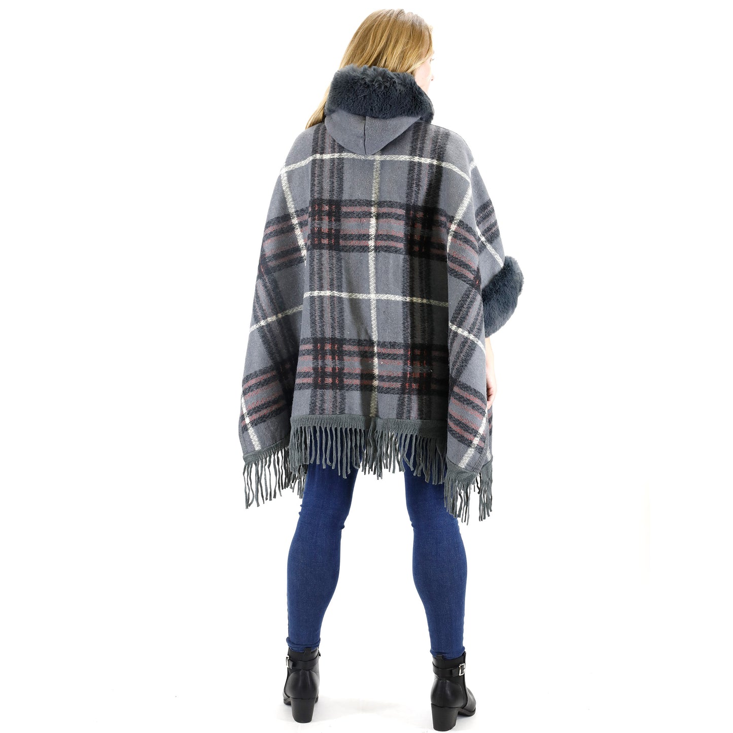 FAUX FUR PLAID PATTERN HOODIE SHAWL P3805