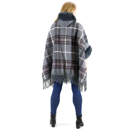 FAUX FUR PLAID PATTERN HOODIE SHAWL P3805